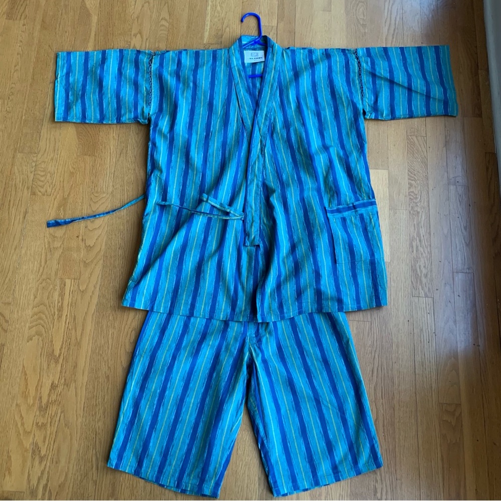 Vintage Japanese Jinbei Two-Piece Set Blue-Striped Cotton Linen Traditional Rare